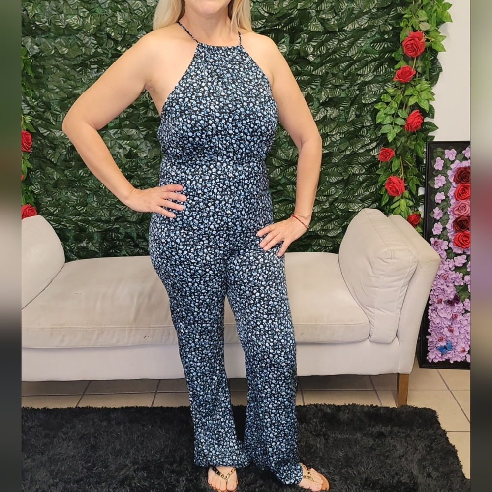 Women's jumpsuit blue floral strapless elastic zip wide legs